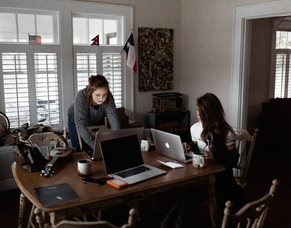 Two young women working collaboratively in a cozy home office setting.