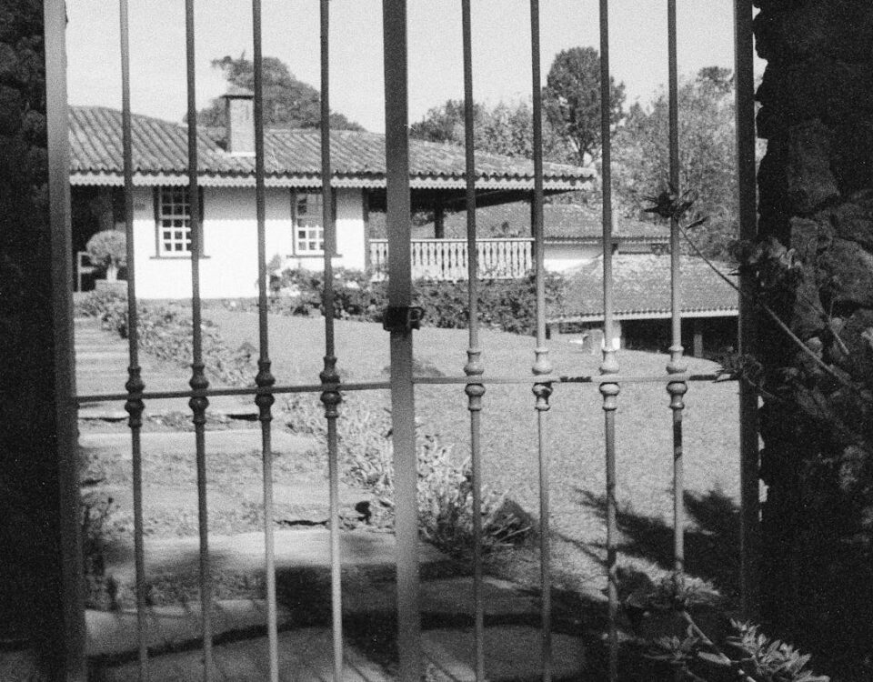 Black and white image of a house surrounded by an iron gate and garden.